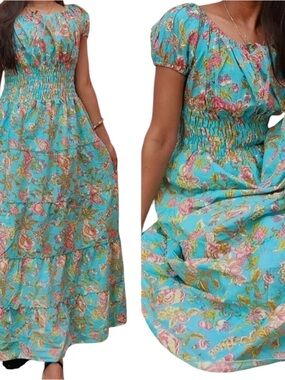 Women’s Floral Puff Sleeve Smocked Peasant Dress Midi Cottagecore Milkmaid